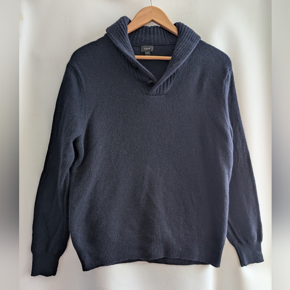 J Crew Wool Blue Buttoned Shawl Collar Knit Pullover Sweater - L